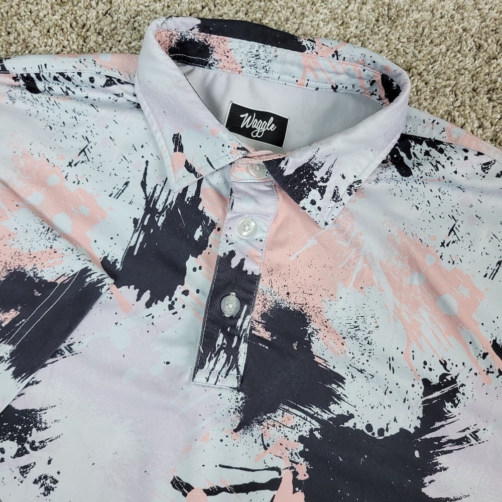 Waggle Mens XL Black White Pink AOP Paint Splatter Performance Stretch Golf Polo